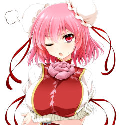 Rule 34 | 1girl, puff of air, bandaged arm, bandages, breast hold, breasts, breasts squeezed together, crossed arms, double bun, eyebrows, flower, hair bun, head tilt, highres, huge breasts, ibaraki kasen, index finger raised, looking at viewer, one eye closed, open mouth, pink eyes, pink hair, puffy short sleeves, puffy sleeves, rose, short hair, short sleeves, simple background, solo, tabard, touhou, upper body, watarui, white background