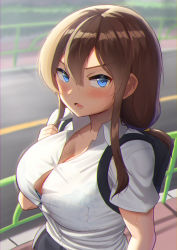 Rule 34 | 1girl, annoyed, backpack, bag, blue eyes, blurry, blurry background, blush, bra visible through clothes, bralines, breasts, brown hair, bursting breasts, button gap, cleavage, collarbone, collared shirt, from above, from side, furrowed brow, hair between eyes, hand up, large breasts, long hair, looking at viewer, low-tied long hair, low ponytail, maku ro, motion lines, open mouth, original, outdoors, railing, road, school uniform, see-through, shirt, shirt tucked in, short sleeves, sidelocks, solo, street, sweat, sweatdrop, taut clothes, taut shirt, tsurime, upper body, walking, wet, wet clothes, wet shirt, white shirt