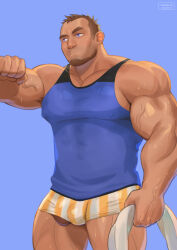 Rule 34 | 1boy, armpit hair, armpit hair peek, bald spot, bara, beard, biceps, blue eyes, blue tank top, boxer briefs, brown hair, bulge, cerberus arts, covered erect nipples, covered navel, dark-skinned male, dark skin, facial hair, feet out of frame, hand up, highres, large pectorals, male focus, male underwear, mature male, muscular, muscular male, original, paid reward available, pectorals, penis, penis peek, see-through, shirt, short hair, sideburns, solo, standing, sweat, tank top, thick eyebrows, thick thighs, thighs, underwear, veins, veiny arms, wet, wet clothes, wet shirt, white male underwear, yellow male underwear