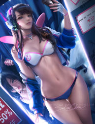 Rule 34 | 2girls, :d, ahri (league of legends), animal ears, bare shoulders, bikini, bikini top only, black hair, blue bikini, breasts, brown eyes, brown hair, choker, cleavage, d.va (overwatch), facial mark, fox ears, fox girl, fox tail, hip focus, jacket, league of legends, long hair, long sleeves, looking at viewer, medium breasts, mismatched bikini, multicolored bikini, multicolored clothes, multiple girls, nail polish, navel, o-ring, o-ring top, off shoulder, open clothes, open jacket, open mouth, overwatch, overwatch 1, phone, riot games, sakimichan, selfie, short shorts, shorts, smile, stomach, swimsuit, tail, taking picture, watermark, whisker markings, white bikini, wide hips