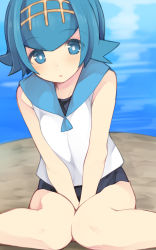 Rule 34 | 1girl, :o, bare shoulders, between legs, blue eyes, blue hair, blue one-piece swimsuit, blue sailor collar, blush, breasts, breasts squeezed together, bright pupils, creatures (company), flipped hair, game freak, hairband, hand between legs, highres, knees together feet apart, lana (pokemon), leaning forward, looking at viewer, matching hair/eyes, nigo (aozoragarou), nintendo, one-piece swimsuit, parted lips, pokemon, pokemon sm, sailor collar, school swimsuit, shirt, short hair, sitting, sleeveless, sleeveless shirt, small breasts, solo, swimsuit, swimsuit under clothes, trial captain, v arms, water, white shirt