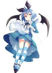 Rule 34 | 1girl, apron, armband, bat wings, black footwear, black ribbon, blue dress, blue hair, blue thighhighs, closed mouth, dress, fang, frilled apron, frills, from below, frown, full body, hair ribbon, high heels, highres, juliet sleeves, long sleeves, neck ribbon, no headwear, paragasu (parags112), puffy sleeves, red eyes, remilia scarlet, ribbon, short hair, sidelocks, simple background, solo, striped clothes, striped thighhighs, thighhighs, touhou, white background, white thighhighs, wings