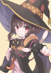 Rule 34 | 1girl, absurdres, black cat, black cloak, black gloves, black hat, breasts, brown hair, cat, cat on chest, chomusuke, cloak, commentary, diagonal-striped clothes, diagonal-striped necktie, dress, fingerless gloves, floating neckwear, from side, gloves, hat, highres, kono subarashii sekai ni bakuen wo!, kono subarashii sekai ni shukufuku wo!, long sleeves, looking at viewer, looking to the side, megumin, necktie, orange necktie, pink dress, pointing, pointing at viewer, reaching, reaching towards viewer, red eyes, red necktie, red prison magic school uniform, rezin531, school uniform, short hair, short hair with long locks, sidelocks, simple background, small breasts, smile, solo, striped clothes, upper body, v-shaped eyebrows, witch hat, yellow background, yellow eyes