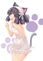 Rule 34 | 1girl, animal ears, bell, blue eyes, cat ears, cat tail, collar, commentary request, covered navel, cowboy shot, curly hair, cyan (show by rock!!), fang, frilled swimsuit, frills, grey hair, hairband, highres, leaning forward, light frown, lolita hairband, looking at viewer, medium hair, neck bell, one-piece swimsuit, open mouth, paw pose, paw print, ringlets, saezu habaki, show by rock!!, smile, solo, standing, swimsuit, tail, twitter username, white background, white one-piece swimsuit