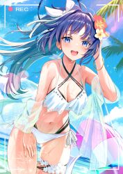 Rule 34 | 1girl, absurdres, bangle, beach, bikini, blue archive, blue eyes, blush, bow, bracelet, breasts, cleavage, cloud, cloudy sky, commentary request, cross-laced bikini, cross-laced clothes, flower, hair bow, hand on own thigh, highleg, highleg bikini, highres, innertube, jewelry, large breasts, leaning forward, long hair, looking at viewer, ocean, open mouth, palm tree, purple hair, see-through, side-tie bikini bottom, sky, smile, swim ring, swimsuit, swimsuit cover-up, thigh strap, tree, tsubameno, wet, white bikini, white bow, white flower, yuuka (blue archive)