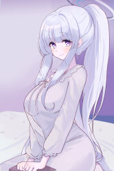Rule 34 | 1girl, absurdres, ash (cat7evy), blue archive, blush, book, breasts, closed mouth, frilled sleeves, frills, grey hair, hair over breasts, halo, highres, large breasts, long hair, long sleeves, looking at viewer, mechanical halo, noa (blue archive), pajamas, ponytail, purple eyes, sidelocks, smile, solo, white pajamas