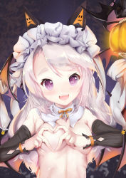 Rule 34 | + +, 1girl, :3, :d, absurdres, animal ears, bad id, bad pixiv id, blush, breasts, cat ears, cat girl, demon wings, detached collar, detached sleeves, female focus, girls&#039; frontline, grey hair, halloween, head tilt, headdress, heart-shaped boob challenge, highres, jack-o&#039;-lantern, long hair, long sleeves, looking at viewer, mattbam, official alternate costume, open mouth, p7 (girls&#039; frontline), p7 (sister gunslinger) (girls&#039; frontline), purple eyes, ribs, small breasts, smile, solo, swept bangs, thick eyebrows, topless, topless frame, upper body, wings