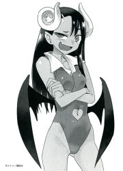 Rule 34 | 1girl, 774 (nanashi), absurdres, blush, breasts, clothing cutout, crossed arms, demon girl, demon horns, demon wings, heart cutout, highres, horns, ijiranaide nagatoro-san, leotard, long hair, looking at viewer, monochrome, nagatoro hayase, navel, navel cutout, open mouth, raised eyebrow, scan, small breasts, smile, standing, wings