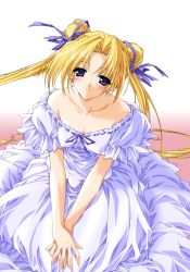 Rule 34 | 1990s (style), 1girl, bare shoulders, bishoujo senshi sailor moon, blonde hair, blue bow, blue eyes, blush, bow, breasts, collarbone, double bun, dress, covered erect nipples, highres, parted lips, sitting, small breasts, smile, solo, suzuhira hiro, tsukino usagi, twintails, white dress