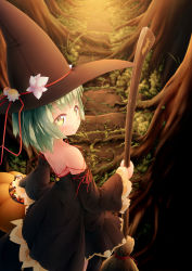Rule 34 | 1girl, absurdres, backless dress, backless outfit, black dress, black hat, blush, broom, candy, commentary request, detached sleeves, dress, embarrassed, flower, food, forest, green hair, halloween, hat, hat flower, highres, holding, holding broom, jack-o&#039;-lantern, looking at viewer, looking back, nature, original, shiro dai kitsune, short hair, solo, sweatdrop, witch, witch hat, yellow eyes