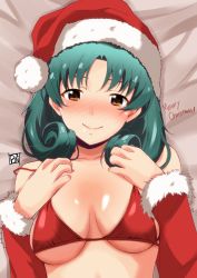 Rule 34 | 1girl, artist name, bed sheet, bikini, blush, breasts, brown eyes, christmas, closed mouth, commentary request, detached sleeves, english text, from above, fur-trimmed sleeves, fur trim, green hair, half-closed eyes, hat, highres, idolmaster, idolmaster million live!, looking at viewer, lying, medium breasts, medium hair, merry christmas, on back, on bed, partial commentary, ponpon, red bikini, red hat, red sleeves, santa hat, signature, smile, solo, strap slip, swimsuit, tokugawa matsuri, upper body
