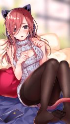 Rule 34 | 1girl, animal ear headphones, animal ears, aran sweater, black pantyhose, blue eyes, blurry, blurry background, blush, breasts, brown hair, cable knit, cat cutout, cat ear headphones, cat tail, cellphone, cleavage, cleavage cutout, clothing cutout, embarrassed, fake animal ears, feet, go-toubun no hanayome, hair between eyes, headphones, highres, large breasts, light particles, long hair, looking at viewer, nakano miku, no shoes, open mouth, pantyhose, paw pose, phone, ribbed sweater, sitting, smartphone, solo, sweater, tail, thighband pantyhose, turtleneck, turtleneck sweater, usagihime
