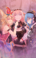 Rule 34 | 4girls, animal ears, armlet, belt, black coat, black gloves, blonde hair, blue eyes, blush, bracelet, breasts, brooch, cleavage, coat, crazy eyes, cyasha, earrings, english text, finger drag, flat chest, fox ears, gloves, grabbing, grabbing from behind, grin, half-closed eyes, hand on another&#039;s chest, hand on another&#039;s chin, highres, hololive, hololive english, hoshimachi suisei, hoshimachi suisei (1st costume), jewelry, large breasts, lips, long hair, looking at another, looking up, messy hair, mori calliope, multicolored nails, multiple girls, nail polish, omaru polka, omaru polka (1st costume), orange hair, partially fingerless gloves, pink background, pink hair, plaid, plaid skirt, possessive, red eyes, ringlets, shaded face, showgirl skirt, side ponytail, sidelocks, signature, skirt, small breasts, smile, stud earrings, takanashi kiara, tearing up, tiara, translation request, veil, virtual youtuber, wavy hair, white background, yandere, yuri