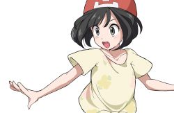 Rule 34 | 1girl, beanie, black hair, blush, collarbone, commentary request, creatures (company), eyelashes, floral print, game freak, grey eyes, hat, highres, koniko (525lj), looking down, medium hair, nintendo, open mouth, pokemon, pokemon sm, red hat, selene (pokemon), shirt, short sleeves, simple background, solo, t-shirt, teeth, tied shirt, tongue, upper body, upper teeth only, white background, yellow shirt