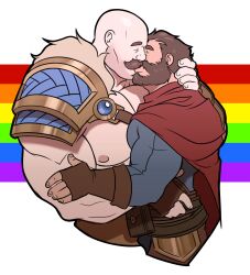 Rule 34 | 2boys, abs, absurdres, armor, bald, bara, beard, beard stubble, braum (league of legends), cheschirebacon, closed eyes, couple, cropped legs, facial hair, flag background, from side, full beard, graves (league of legends), highres, kiss, large pectorals, league of legends, male focus, mature male, multiple boys, muscular, muscular male, nipples, pauldrons, pectorals, profile, rainbow background, rainbow flag, short hair, shoulder armor, single pauldron, stubble, thick beard, thick eyebrows, thick mustache, yaoi