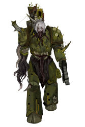 1girl absurdres adeptus_astartes armor body_horror bolter breastplate chaos_(warhammer) chaos_space_marine commentary english_commentary extra_mouth full_armor full_body gauntlets gun highres holding holding_gun holding_weapon horns kkghost_tv leg_armor looking_at_viewer nurgle_(cult) pauldrons power_armor shoulder_armor single_gauntlet solo tentacle_arm warhammer_40k weapon white_background white_hair