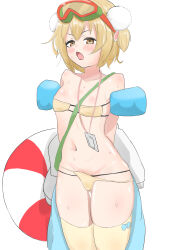Rule 34 | 1girl, :o, arms behind back, bare shoulders, bikini, blonde hair, blush, breasts, collarbone, gluteal fold, goddess of victory: nikke, inflatable armbands, innertube, jacket, komaruonsen, liter (nikke), midriff, navel, open mouth, short hair, small breasts, solo, swim goggles, swim ring, swimsuit, thigh gap, thighhighs, thighs, unworn jacket, white jacket, yellow bikini, yellow eyes, yellow thighhighs