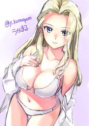 Rule 34 | 10s, 1girl, artist name, bikini, blonde hair, blue eyes, breasts, clara (girls und panzer), cleavage, closed mouth, commentary, cowboy shot, dress shirt, dutch angle, girls und panzer, hair over one eye, hand on own chest, large breasts, lips, long hair, long sleeves, looking at viewer, navel, no pants, off shoulder, one-hour drawing challenge, purple bikini, shirt, smile, solo, standing, swimsuit, thigh gap, twitter username, ukamaru, white bikini, white shirt