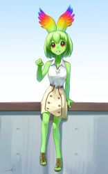 Rule 34 | 10s, 1girl, animal ears, bare shoulders, belt, cellval, colored skin, commentary, full body, green hair, green skin, grin, highres, jewelry, kemono friends, looking at viewer, necklace, paw pose, pendant, red eyes, sandals, shirt, short hair, signature, sitting, skirt, sleeveless, sleeveless shirt, smile, solo, star (symbol), star necklace, welt (kinsei koutenkyoku), white shirt