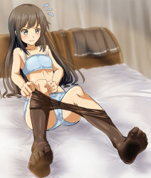 Rule 34 | armpits, asashio (kancolle), black pantyhose, blue panties, bra, clothes pull, day, feet, full body, indoors, kantai collection, no shoes, panties, pantyhose, see-through, sitting, skirt, soles, solo, toes, underwear, underwear only, unworn skirt, v-shaped eyebrows, wavy mouth, zanntetu