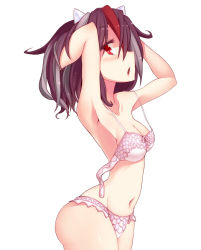 Rule 34 | 1girl, armpits, arms behind back, arms behind head, ass, black hair, bow, bow bra, bra, breasts, cleavage, cone horns, hands in hair, horns, kijin seija, kuresento, looking at viewer, multicolored hair, navel, open bra, panties, pink bra, pink panties, red eyes, red hair, silver hair, simple background, small breasts, solo, stomach, streaked hair, touhou, underwear, underwear only, white background