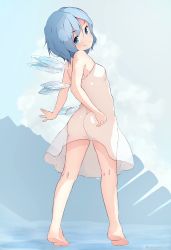 Rule 34 | 1girl, ass, bakadebiru, bare arms, bare legs, bare shoulders, barefoot, blue background, blue eyes, blue hair, blue theme, cirno, closed mouth, dress, feet, from behind, full body, highres, ice, ice wings, looking at viewer, looking back, rms titanic, see-through, smile, solo, standing, titanic (movie), touhou, watermark, white dress, wings