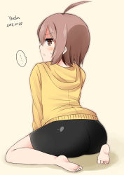 Rule 34 | 1girl, ahoge, ass, barefoot, bike shorts, blush, brown eyes, brown hair, feet, from behind, frown, ikedaman, linne, looking at viewer, looking back, shadow, sitting, sweater, toes, under night in-birth, wariza