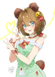 Rule 34 | 1girl, absurdres, animal ears, artist logo, artist name, bare shoulders, bear ears, bear tail, bell, blue eyes, blush, breasts, brown hair, buttons, double v, fang, green shirt, hair bell, hair ornament, hands up, heart, highres, honey miel, indie virtual youtuber, looking at viewer, open mouth, shirt, short hair, simple background, small breasts, smile, solo, tail, teeth, upper body, v, virtual youtuber, white background, yanyo (ogino atsuki)