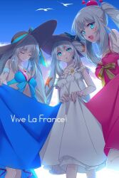 Rule 34 | 3girls, backlighting, bare shoulders, bikini, bird, blue bikini, blue eyes, blue sky, blush, breasts, cleavage, closed eyes, collarbone, crab, dress, dress swimsuit, echo (circa), fate/grand order, fate (series), hat, jewelry, long hair, looking at viewer, marie antoinette (fate), marie antoinette (fate/grand order), marie antoinette (swimsuit caster) (fate), marie antoinette (swimsuit caster) (first ascension) (fate), marie antoinette (swimsuit caster) (second ascension) (fate), marie antoinette (swimsuit caster) (third ascension) (fate), medium breasts, multiple girls, multiple persona, navel, necklace, one-piece swimsuit, open mouth, red one-piece swimsuit, sarong, sidelocks, sky, smile, straw hat, swimsuit, thighs, twintails, very long hair, white dress, white hair