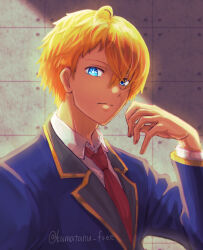Rule 34 | 1boy, absurdres, blazer, blonde hair, blue eyes, blue jacket, blurry, blurry background, closed mouth, collared shirt, commentary request, dress shirt, highres, hoshino aquamarine, jacket, kamatanu free, long sleeves, looking at viewer, male focus, mismatched pupils, necktie, oshi no ko, red necktie, school uniform, shade, shirt, short hair, solo, star-shaped pupils, star (symbol), symbol-shaped pupils, twitter username, upper body, white shirt, youtou high school uniform