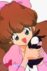 Rule 34 | 1girl, animal, bow, brown hair, green eyes, highres, holding, holding animal, looking at viewer, open mouth, p-chan, pink bow, punch121ykk, ranma 1/2, red bow, shiratori azusa, simple background, tearing up, twitter username, white background