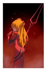 Rule 34 | 1girl, artist request, blue eyes, bodysuit, breasts, brown hair, closed mouth, curvy, feet out of frame, highres, holding, holding weapon, lance, lance of longinus (evangelion), long hair, looking back, neon genesis evangelion, pilot suit, plugsuit, polearm, red bodysuit, shiny clothes, simple background, solo, souryuu asuka langley, very long hair, weapon, wide hips