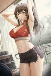 Rule 34 | 1girl, absurdres, blouse, breasts, brown eyes, brown hair, cleavage, dolphin shorts, dumbbell, hair ornament, hair tie in mouth, halterneck, highres, large breasts, long hair, looking at viewer, meoyo, mouth hold, navel, original, red shirt, shirt, short shorts, shorts, sleeveless, sleeveless shirt, solo, sports bra, strap gap, sweat, thighs, treadmill, tying hair