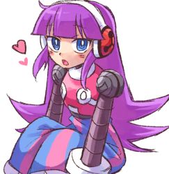 Rule 34 | 1girl, android, blue eyes, blush, call (mighty no. 9), call d, eyebrows, hairband, headphones, heart, joints, long hair, mighty no. 9, open mouth, purple hair, robot, robot joints, simple background, sitting, solo, white background