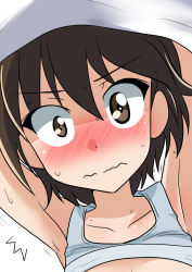 Rule 34 | 1girl, ^^^, absurdres, arms up, blush, bra, bra lift, brown eyes, brown hair, closed mouth, clothes lift, commentary, embarrassed, frown, girls und panzer, highres, isobe noriko, lifted by self, looking at viewer, portrait, shirt, shirt lift, short hair, simple background, solo, sports bra, sports bra lift, sweat, trembling, underwear, undressing, wakku kan, wavy mouth, white background, white shirt, white sports bra
