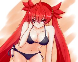 Rule 34 | 1girl, aq interactive, arcana heart, arcana heart 3, artist request, bikini, blush, breasts, cleavage, examu, leaning, leaning forward, long hair, looking at viewer, medium breasts, navel, open mouth, panties, red eyes, red hair, scharlachrot, side-tie panties, solo, stomach, swimsuit, twintails, underwear, very long hair