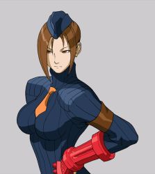 Rule 34 | 1990s (style), 1girl, arm guards, armband, armor, beret, bodysuit, breasts, brown eyes, brown hair, capcom, expressionless, garrison cap, gauntlets, gloves, hand on own hip, hat, juli (street fighter), large breasts, necktie, official art, red gloves, retro artstyle, short hair, skin tight, street fighter, street fighter zero (series), turtleneck, upper body