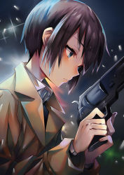 Rule 34 | 1girl, artist request, beige coat, black hair, blue eyes, closed mouth, coat, collared coat, collared shirt, expressionless, gun, handgun, holding, holding gun, holding weapon, kino (kino no tabi), kino no tabi, looking down, revolver, shirt, short hair, solo, weapon, white shirt