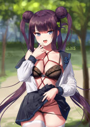 Rule 34 | 1girl, black bra, black panties, black sailor collar, black skirt, blue eyes, blunt bangs, blurry, blurry background, blush, bra, clothes lift, collarbone, commentary request, cowboy shot, day, depth of field, double bun, fate/grand order, fate (series), groin, hair bun, hair ornament, haneru, highres, holding, lace, lace-trimmed bra, lace trim, leaf hair ornament, lifted by self, lingerie, long hair, long sleeves, off shoulder, open clothes, open shirt, outdoors, panties, panty pull, purple hair, pussy juice, sailor collar, school uniform, serafuku, shibari, shibari over clothes, shirt, sidelocks, single bare shoulder, skirt, skirt lift, solo, teeth, thigh gap, thighhighs, twintails, underwear, upper teeth only, upskirt, white shirt, white thighhighs, yang guifei (fate), yang guifei (first ascension) (fate)