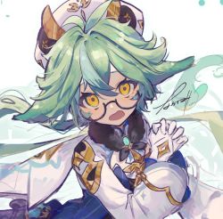 Rule 34 | 1girl, animal ears, antenna hair, black-framed eyewear, blue dress, cape, commentary request, dress, fur collar, genshin impact, glasses, gloves, green hair, hair between eyes, hat, head tilt, interlocked fingers, long hair, long sleeves, looking at viewer, low ponytail, nakaba (mode), open mouth, own hands together, semi-rimless eyewear, signature, solo, sucrose (genshin impact), under-rim eyewear, vision (genshin impact), white background, white cape, white gloves, white hat, yellow eyes