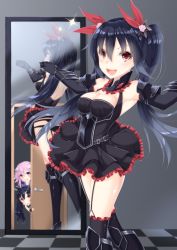 Rule 34 | 10s, 3girls, armor, armored dress, ass, black hair, breasts, checkered floor, cleavage, covering own mouth, door, fantasy, female focus, fingerless gloves, four goddesses online: cyber dimension neptune, garter belt, garter straps, gloves, hair ornament, hair ribbon, highres, long hair, mirror, multiple girls, neptune (neptunia), neptune (series), noire (neptunia), open mouth, panties, peeking, peeking out, purple eyes, purple hair, red eyes, reflection, ribbon, shikapiro, siblings, sisters, smile, sparkle, teeth, thighhighs, twintails, underwear, uni (neptunia), upper teeth only, zettai ryouiki