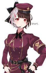 Rule 34 | 1girl, alternate hair length, alternate hairstyle, belt, black bow, black hair, blush, bow, dress, hair bow, hands on own hips, headset, highres, hikari yui, long sleeves, looking at viewer, military, military uniform, multicolored hair, nijisanji, open mouth, parted lips, red dress, red eyes, red hair, red headwear, short hair, silver hair, simple background, solo, split-color hair, standing, streaked hair, two-tone hair, uniform, virtual youtuber, white background, yorumi rena, yorumi rena (2nd costume)