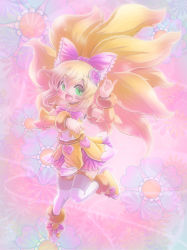 Rule 34 | 1girl, bad id, bad pixiv id, blonde hair, blush, bow, floral background, flower, full body, green eyes, hair bow, hair ornament, hairpin, heart, highres, long hair, magical girl, no nose, original, pink background, pink theme, precure, renaoka, ribbon, shoes, skirt, smile, solo, thighhighs, white thighhighs
