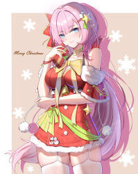 1girl absurdres alternate_costume bare_shoulders bell blue_eyes blush border bow box breasts brown_background chinese_commentary christmas cleavage closed_mouth commentary_request cowboy_shot dress elf elysia_(honkai_impact) fur_trim garter_straps gift gift_box hair_bow hair_ornament highres holding holding_gift honkai_(series) honkai_impact_3rd jewelry large_breasts long_hair looking_at_viewer merry_christmas pink_hair pink_pupils pointy_ears ponytail red_dress ribbon santa_costume simple_background skindentation smile solo star_(symbol) star_hair_ornament thighhighs thighs very_long_hair white_border white_thighhighs ying_ling