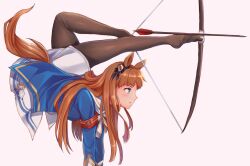 Rule 34 | 1girl, animal ears, aozora meguru, arrow (projectile), black pantyhose, blue eyes, blue jacket, bow (weapon), brown hair, commentary request, drawing bow, dress, flexible, foot archery, from side, grass wonder (umamusume), highres, holding, holding bow (weapon), holding weapon, horse ears, horse girl, horse tail, jacket, long hair, long sleeves, pantyhose, simple background, solo, tail, umamusume, weapon, white background, white dress