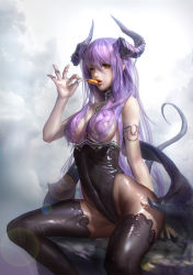 Rule 34 | 1girl, arm support, armlet, bare shoulders, black leotard, black pantyhose, breasts, candy, cloud, cloudy sky, coldrim, covered navel, day, demon girl, demon horns, demon tail, demon wings, food, hair censor, hair over breasts, highleg, highleg leotard, holding, holding food, horns, image sample, jewelry, lens flare, leotard, light purple hair, lollipop, long hair, looking at viewer, medium breasts, open mouth, original, pantyhose, revealing clothes, ring, shiny clothes, shiny skin, sitting, sky, slit pupils, solo, tail, thighhighs, wings, yellow eyes
