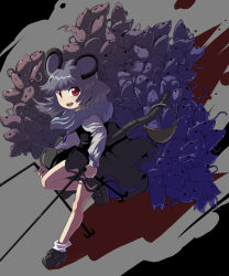 Rule 34 | 1girl, animal ears, basket, female focus, full body, grey background, grey hair, highres, jewelry, mouse (animal), mouse ears, mouse tail, nazrin, pendant, red eyes, shape, shoes, short hair, socks, solo, syope, tail, touhou