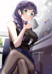 Rule 34 | 1girl, absurdres, black shirt, braid, braided ponytail, breasts, brown pantyhose, chair, commentary request, crossed legs, cup, earrings, green eyes, highres, holding, holding cup, holding paper, id card, indoors, jewelry, kazepana, lanyard, large breasts, long hair, love live!, office lady, on chair, pantyhose, paper, purple hair, shirt, sitting, sleeveless, sleeveless shirt, tojo nozomi