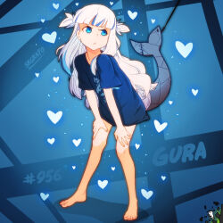 Rule 34 | 1girl, barefoot, blue eyes, english text, fins, fish tail, gawr gura, hololive, hololive english, shark tail, srgrafo, tail, virtual youtuber, white hair