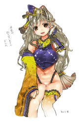Rule 34 | 1girl, :d, bad id, bad pixiv id, brown eyes, crop top, detached sleeves, flower knight girl, front-seamed legwear, fundoshi, ginkgo (flower knight girl), grey hair, hair intakes, hairband, ichou (flower knight girl), japanese clothes, long hair, looking at viewer, low-tied long hair, nail polish, navel, open mouth, orange nails, seamed legwear, single thighhigh, smile, solo, text focus, thighhighs, translation request, wamusato haru, white background